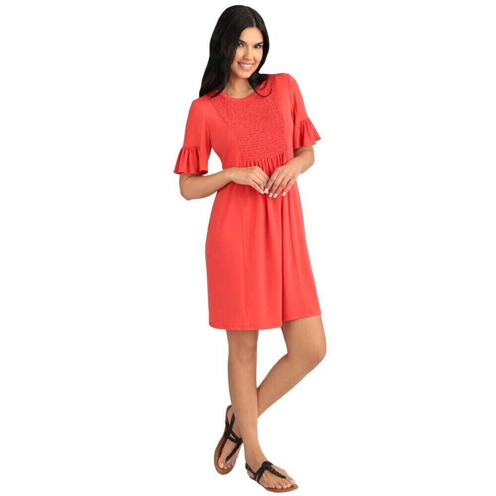 London Times Jersey Smocked Short Sleeve Baby Doll Dress In Coral Size 4 US $168